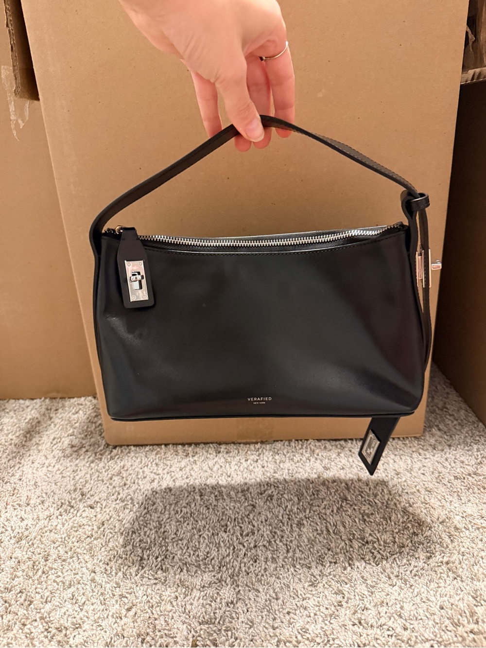 VERAFIED Hobo Bag in Black Leather & Silver Handbag Purse - Picture 8 of 14